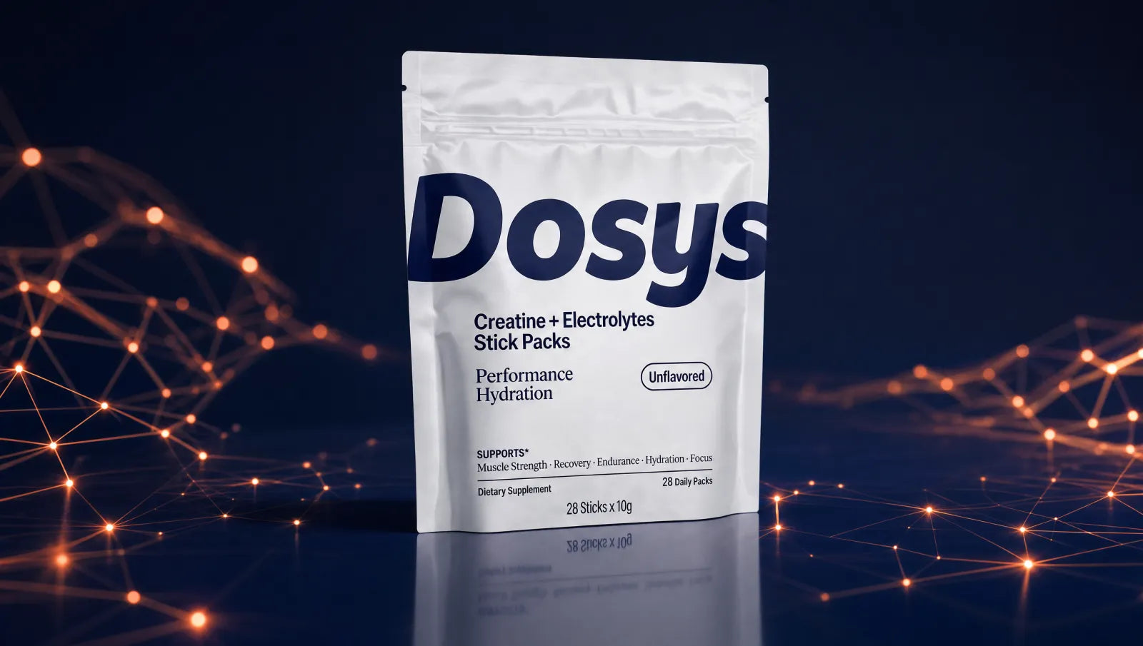 Dosys pouch on a dark surface surrounded by glowing orange network lines
