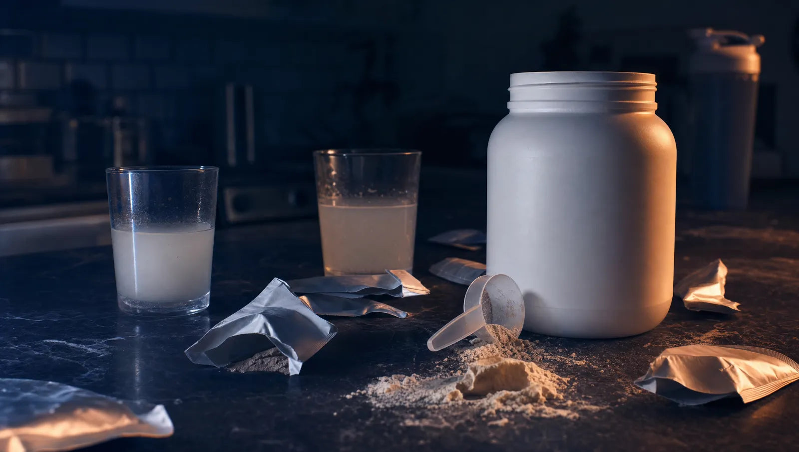 Cluttered counter with a bulky supplement tub, scoop, torn sachets and two glasses