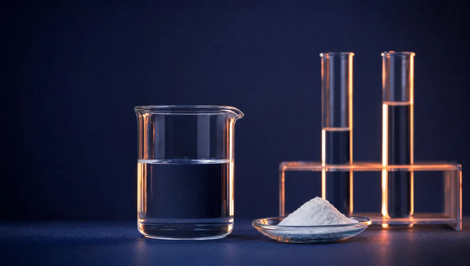 Laboratory glassware and a dish of white powder